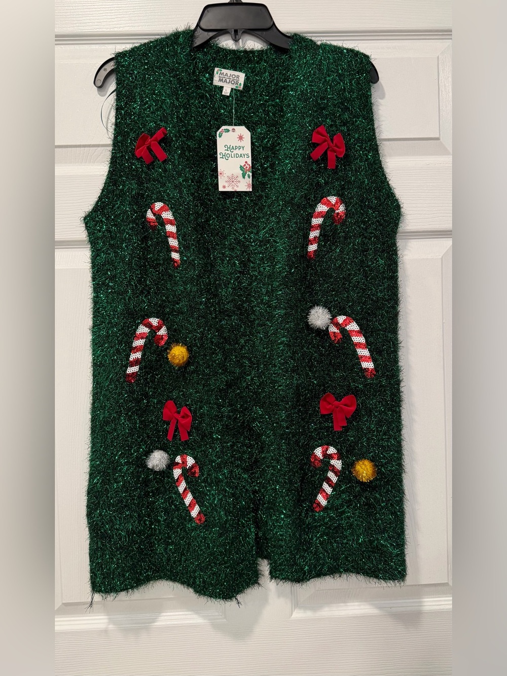 NWT Green Tinsel Holiday Candy Cane V-Neck Sweater Vest Candy Cane Bow Appliqués